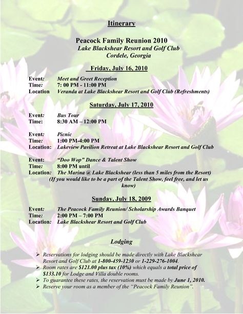 Editable Sample Family Reunion Program Templates Itinerary Peacock Family Reunion Agenda Template Word Family Reunion Itinerary, Reunion Checklist, Family Reunion Banquet, Peacock Family, Family Reunion Themes, Family Reunion Decorations, Reunion Activities, Family Reunion Activities, Family Reunion Invitations