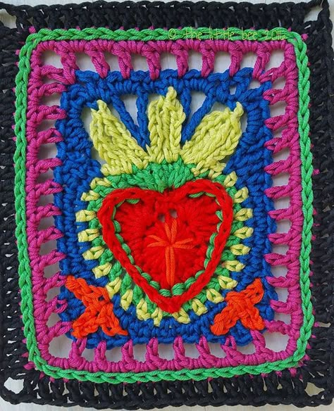 mexican Sacred Heart Wall Hanging Crochet Crochet Cal, Mexican Embroidery, Crochet Fashion Patterns, Crochet Granny Squares, Crochet Granny Square, Granny Square Crochet Pattern, Crochet Heart, Crochet Flower Patterns, Crochet Applique