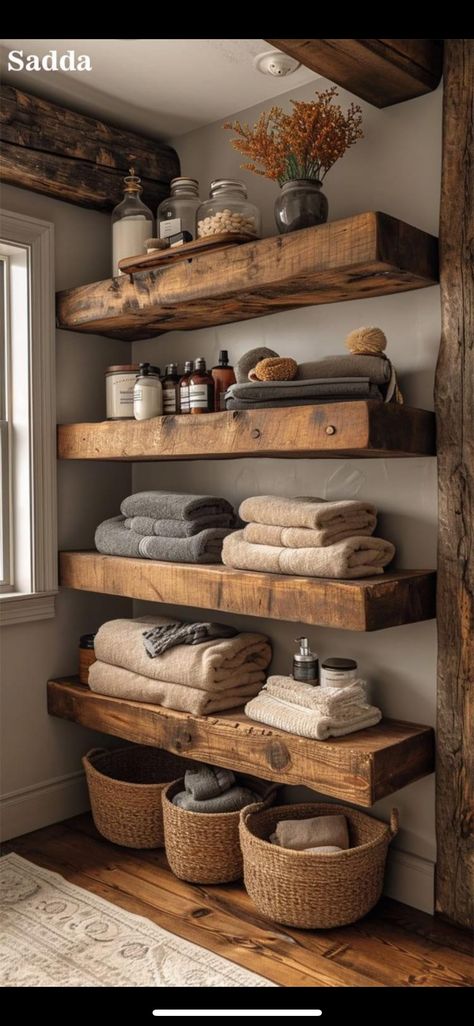 Rustic Wood Shelving, Rustic Home Ideas, Wall Shelves Living Room, Dining Room Shelves, Rustic Wall Shelves, Fishing Room, Black Shelves, Rustic Floating Shelves, House Decorating Ideas