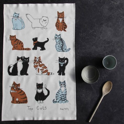 Cat Tea Towel, Embroidered Designs, Cats In Art, Cat Top, Into Art, Quirky Gifts, Christmas 2020, Made Goods, Wash Bags