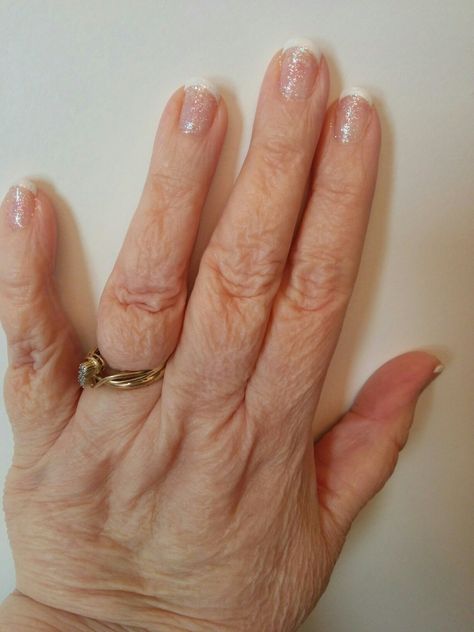 Cut all my nails down & just did  French tips with Touch of Sparkle top coat. French Tip With Sparkle Top Coat, French Tip With Sparkle, Sparkle Top, French Tips, My Nails, Top Coat, Manicure, Sparkle, Engagement Rings