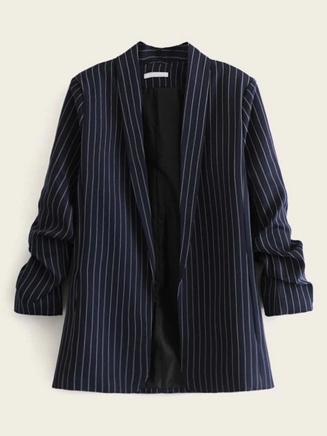 Ruched Sleeve Vertical-Striped Blazer | SHEIN USA Shawl Collar Blazer, Striped Shawl, Plus Size Blazer, Ruched Sleeve, Striped Blazer, Blazer Outfits, Blazer Dress, High Waisted Denim, Blazers For Women