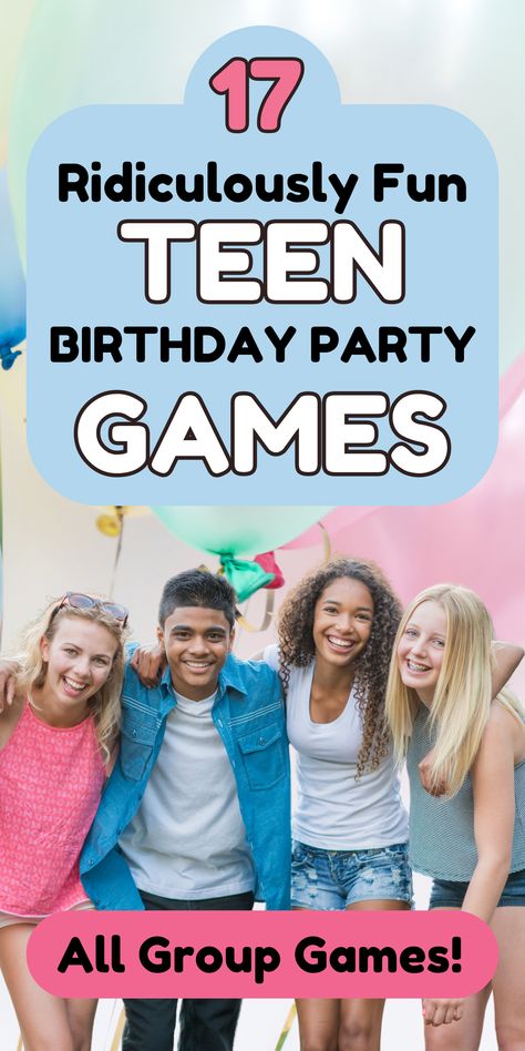 Here are 17 of the best teen party games that work well for groups celebrating at a birthday party for your teen son or daughter. These are the coolest most fun games that teenagers enjoy playing and will keep them entertained as party activities they won't roll their eyes at. There's Wink Murder, Junk in the trunk, blindfold makeup artist, would you rather, party planning, event planning, teen party ideas, indoor party games for teens, fun birthday party games for teens, easy bday games teens Game Ideas For Teenagers, Birthday Games For Teens, Fun Teen Party Games, Birthday Party Game Ideas, Teen Birthday Games, 10 Birthday Party, Teen Birthday Party Games, Girls Birthday Party Games