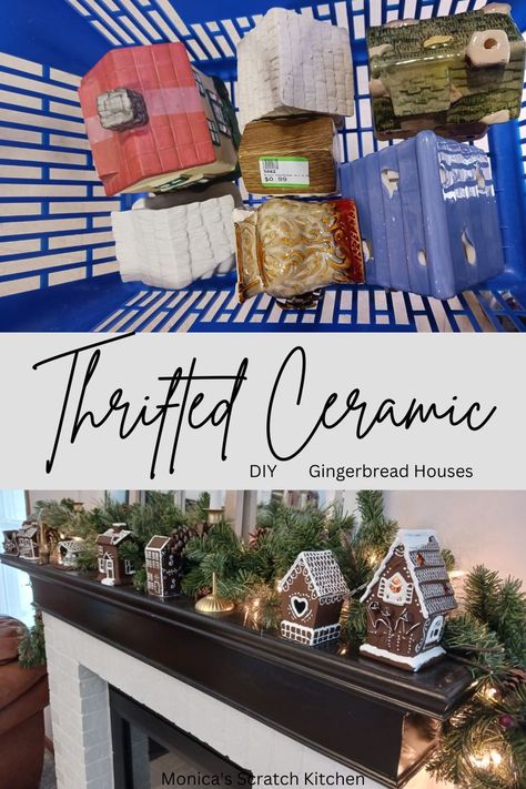 spray painted gingerbread Diy Ceramic Christmas Village, Gingerbread Chalkboard Ideas, Ceramic Gingerbread House Diy, Diy Fake Gingerbread House, Gingerbread House Ceramic, Diy Gingerbread Village, Diy Gingerbread Houses, Ceramic Gingerbread House, Gingerbread House Village