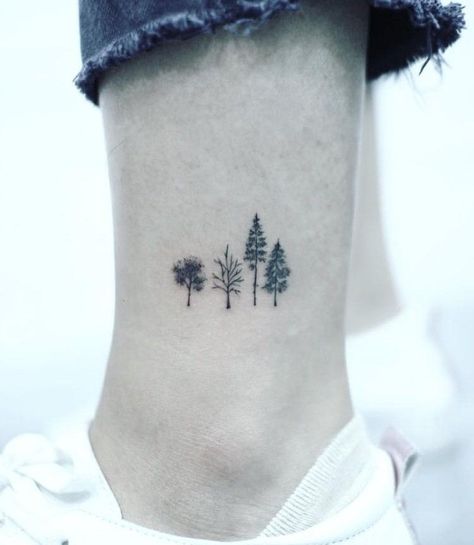 3 Tree Tattoo, Tree Doodle Tattoo, Small Trees Tattoo, Birth Tree Tattoo, Four Trees Tattoo, Dainty Nature Tattoos For Women, Simple Forrest Tattoo, Two Leaves Tattoo, Back Of Arm Tree Tattoo