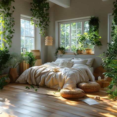 Sanctuary Bedroom Zen, Full Window Bedroom, Low Bed Ideas Cozy Bedroom, Bedroom Plant Ideas, Bedroom Interior Decor, Botanical Bedroom, Window Interior, Boho Decor Ideas, Nature Room