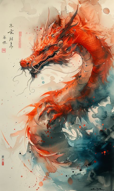 Long Spiraling Japanese Style Dragon Illustration Watercolor Dragon Drawing Watercolor, Korean Dragon Art, Watercolor Art Dragon, Chinese Dragon Watercolor, Traditional Japanese Art Aesthetic, Dragon Watercolor Painting, Japan Dragon Art, Japanese Dragon Illustration, Watercolor Japanese Art