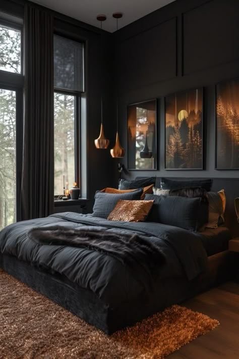 29 Black Bedroom Ideas for a Bold and Sophisticated Space 14 Black And Copper Bedroom, Black Walls Bedroom, Dramatic Bedroom, Black Bedroom Ideas, Copper Bedroom, Black Bedroom Decor, Sophisticated Bedroom, Moody Bedroom, Dark Bedroom