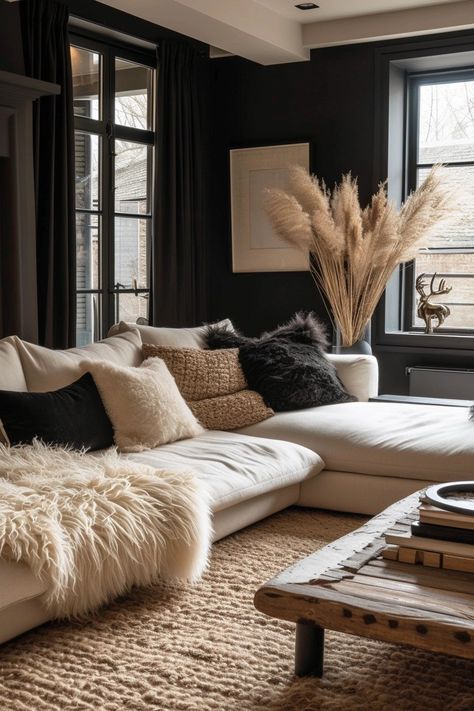 25 Black and Cream Living Room Ideas to Elevate Your Home Black Nordic Living Room, Charcoal Grey And White Living Room, Black Grey Tan Living Room, Living Room Cream Couch Decor, Cream Couch Living Room Ideas Modern, Plush Living Room Ideas, Black White Tan Living Room Decor, Home Decor Moody, High Contrast Interior