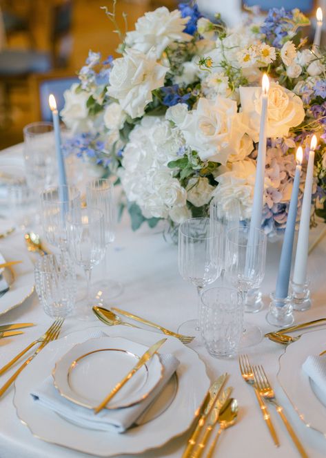 Rent: Vienna Gold Set Table Settings Circle Table, Powder Blue Table Setting, Clean Elegant Wedding Decor, Nautical Place Setting, Wedding Table Decorations Hydrangea, Gold White Blue Wedding, Wedding Table Settings With Chargers, White Wedding Table Settings Elegant, Prom Table Settings