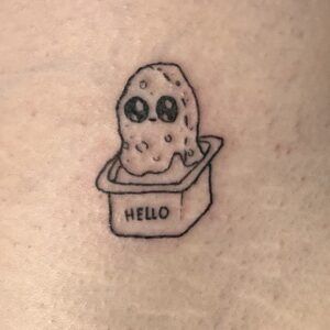 Dinosaur Nugget Tattoo, Chicken Nugget Tattoo Ideas, Chicken Nuggets Tattoo, Dino Nugget Tattoo, Chicken Nugget Tattoo, Nugget Tattoo, Snow Tattoo, Thigh Tattoos, Chicken Nugget