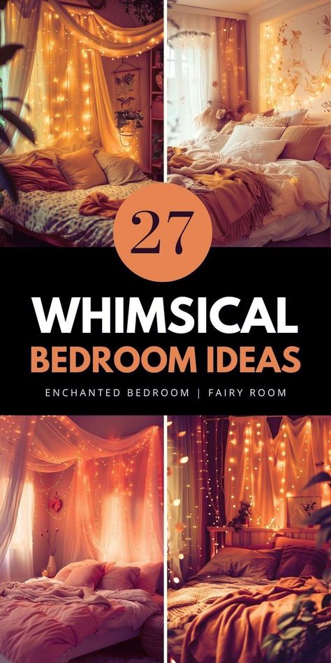 Discover 33+ cozy whimsical bedroom aesthetic ideas that combine adult modern decor with boho elements. Incorporate pink, green, and dark blue tones for a unique aesthetic. Save this pin to your "Home Inspiration" board and read the full article for more ideas. Whimsigoth Small Bedroom, Boho Winter Bedding, Northern Lights Bedroom Theme, Awesome Bedrooms Dream Rooms, Whimsy Home Decor, Celestial Bedroom Ideas, Whimsical Room Aesthetic, Small Cozy Bedroom Ideas Fairy Lights Room Decor, Whimsical Bedroom Aesthetic