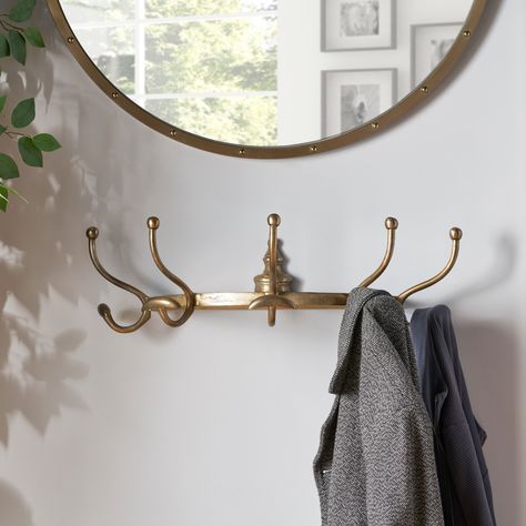 Coat Hanger Ideas Bedroom, Coat Hook Entryway, Gold Coat Hooks Entryway, Coat Rack Hooks Ideas, Wall Of Hooks Entryway, Mirror Above Coat Hooks, Decorative Coat Hooks Entryway, Wall Hooks Ideas Bathroom, Brass Wall Coat Rack