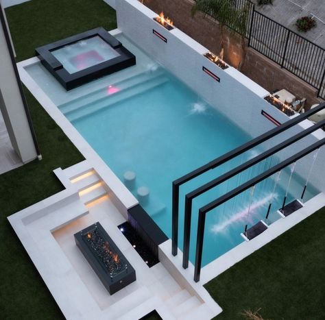 In House Swimming Pool, Backyard Infinity Pool Ideas, Pool With Retaining Wall Sloped Backyard, Amazing Pools Backyard Luxury, Outside Pool Area Ideas, Party Food Outdoor, Pools With Hot Tubs, Small Backyard Pool Designs, Endless Pool Backyard