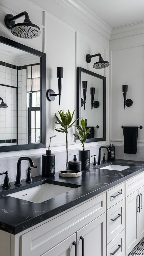 13 Stylish Black and White Bathroom Ideas – Balanced Home Living White Vanity Marble Top Bathroom Ideas, Bath With Black Fixtures, Black Details Bathroom, White Vanity Black Top Bathroom Ideas, Gray White And Black Bathroom, Black Gray Bathroom, Bathroom Remodel White And Black, Bathroom Remodel With White Cabinets, Master Ideas Bathroom