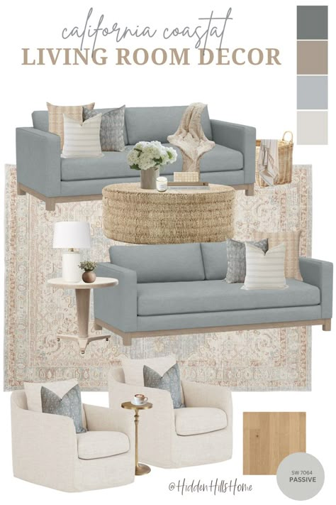 California coastal living room mood board with blue gray sofas paired with cream accent chairs Costal Small Living Room, Gray Blue Home Decor, Australian Coastal Style Living Room, Blue Gray Neutral Living Room, Beachy Neutral Living Room, Coastal Ideas Decor, Light Blue Grey Couch Living Room, Grey And Beige Mood Board, Chic Beach House Coastal