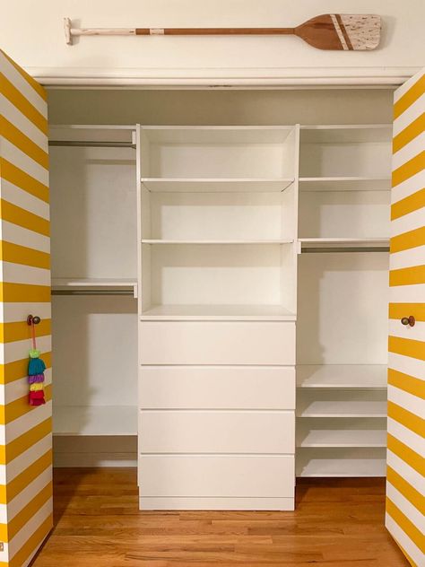 Maximize space in a reach-in closet by adding a closet dresser and easy DIY closet shelves! This tutorial can save you thousands of dollars by doing it yourself, rather than hiring an expensive installation company or purchasing a closet system. Build In Dresser In Closet, Diy Dresser In Closet, Diy Walk In Closet With Dresser, Closet Shelves And Drawers, Ikea Dresser Hack Closet, Closet Designs With Drawers, Ikea Hack Closet Organization, Kids Closet Built Ins, Ikea Dresser Closet