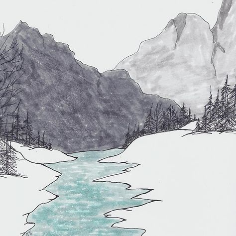 Simple ink and marker drawing of Stream, trees, mountains Drawing Ideas Nature, Mountain Drawing Simple, Simple Nature Drawing, Marker Drawing Ideas, Simpson Art, Mountain Sketch, Markers Drawing Ideas, Markers Drawing, Winter Drawings