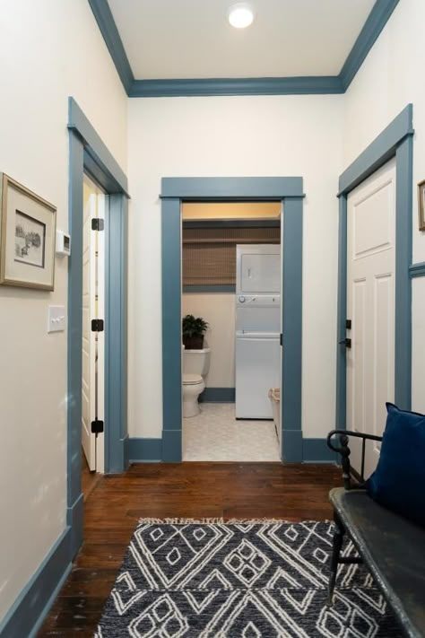 Home Town: A Bungalow in Blue | HGTV Dark Blue Trim Interior, Blue Trim Bedroom, Remembering Grandpa, Moody Paint, Home Town Hgtv, 1920s Interior, Pattern Furniture, Craftsman Interiors, 1920s Interior Design