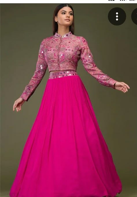 Lehanga Full Length Blouse Designs, Long Choli Designs Lehenga, Shifon Lehenga, Full Hand Lehenga Design, New Style Gown Design, Fuschia Pink Lehenga, Fancy Long Skirt Outfits, Blazer Lehenga Outfit, New Fashion Design