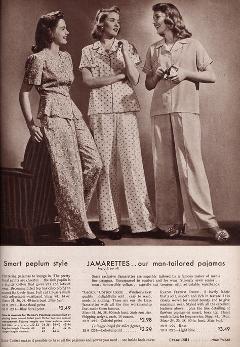 1950s Pajamas, 1940s Women, Vintage Catalog, Vintage Loungewear, Vintage Pajamas, 20th Century Fashion, 40s Fashion, 1930s Fashion, Peplum Styles