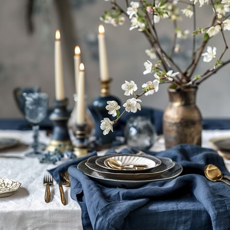 Maximiliano | Linen Curtains And Decorations (@maximilianocurtains) • Instagram photos and videos Unique Table Arrangements For Wedding, Elegant Rustic Wedding Table Decor, Round Table Table Runner, French Inspired Tablescape, Formal Table Setting Decor, Vintage Table Setting Wedding, Navy Blue Table Settings, Monochromatic Tablescape, Navy Blue Table Decor