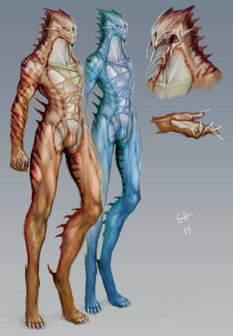 Goblins. Funny looking but handsome snake and fish like. Spikes and stuff. Alien Concept Art Humanoid, Alien Race Concept Art, Male Alien, Alien Creature Design, Humanoid Creatures, Alien Character, Alien Species, Alien Design, Alien Concept