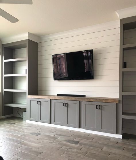 Wall Length Entertainment Center, Built In Tv Wall Unit Playroom, Entertainment Feature Wall, Basement Family Room Built Ins, Built In Wall Living Room, Tv Accent Wall Ideas Built Ins, Tv Wall Modern Farmhouse, Wall To Wall Cabinets Living Room, Built In Basement Entertainment Center