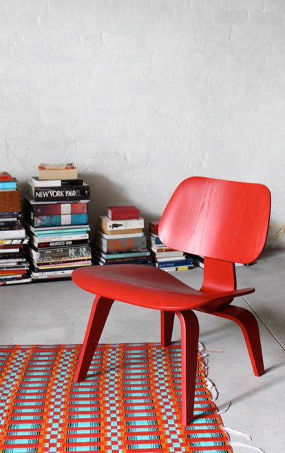 Sydney Home | Red Eames Lcw Chair | Midcentury Modern - currently available at http://www.modern-source.com/products/eames-plywood-chair Vet Design, Eames Plywood Chair, Summer Houses, Green Dining Chairs, Plywood Chair, Eames Chairs, Red Chair, Contemporary Eclectic, Armchair Design