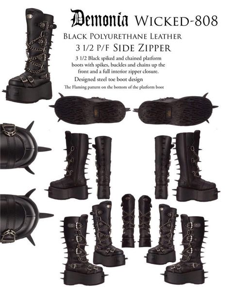 Demonia Wicked-808 Spiked and Chained 4" Platform Boots Megamind Boots, Megamind Cosplay, Rock Grunge Outfits, Boots With Spikes, Goth Platform Boots, Cute Sketchbooks, Goth Platforms, Boots Diy, Demonia Boots