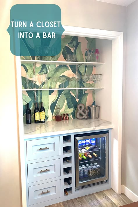 Turning A Closet Into A Bar, Closet To Bar Conversion, Closet Turned Into Bar, Closet Into A Bar, Closet Bar Ideas, Media Closet, Bar Closet, Converted Closet, Dry Bar Ideas