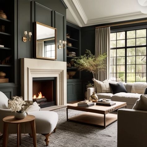 Green Room With Fireplace, Living Room With Dark Green Wall, Dark And Moody Living Room Modern, Deep Green Built Ins, Dark Green Neutral Living Room, Cozy Dramatic Living Room, Classical Modern Living Room, Moody And Airy Living Room, Transitional Green Living Room