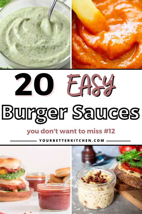 Dive into the flavorful world of our top 20 easy burger sauces! From the tangy delight of Carolina Gold BBQ sauce to the unexpected enthusiasm of Dr Pepper BBQ sauce, we have something for every palate. But wait till you get to sauce #12, it's a game changer! Ignite your taste buds, amplify your grilling skills and turn your basic burger into a gourmet delight. Follow us for more tantalizing recipes and secrets! Hamburger Condiments Ideas, Burger And Fry Sauce, Burger Sauces Ideas, Hamburger Sauce Ideas, Sauce For Burgers Recipe, Sauce For Burgers Hamburgers, Bacon Sauce Recipes, Sauces For Hamburgers, Turkey Burger Sauce Recipes