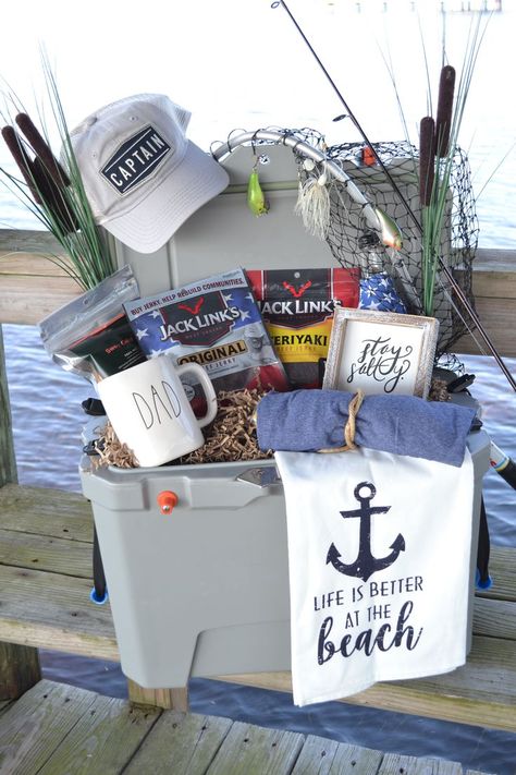 Looking for a fun Father's Day gift idea for the fisherman or outdoorsman in your life? Cast your reel and get ready to catch a few fun gift ideas, including our favorite gift basket snack Jack Links Beef Jerky! #ad #JackLinksDad Shots Basket Ideas, Fathers Day Wrapping Ideas, Social Prizes Gift Baskets, Jack And Jill Gift Baskets Raffle Ideas, Grand Prize Raffle Ideas, Father Day Gift Basket Ideas, Father’s Day Gift Baskets, Father’s Day Gift Basket Ideas, Father’s Day Basket