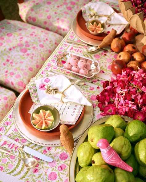 Rani Pink (@ranipinklove) • Instagram photos and videos Indian Dinner Party Table, Kankotri Lekhan, Kankotri Decoration Ideas, Kankotri Decoration, Indian Dinner Party, Indian Wedding Food, Opulent Decor, Hosting Ideas, Indian Dinner