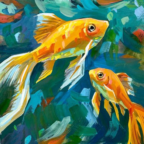 Modern Fish Painting, Gold Fish Painting, Goldfish Painting, Goldfish Art, Painting Fish, Koi Art, Gold Fish, Fish Painting, Painting Art Projects