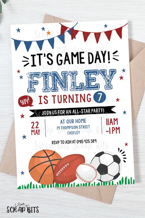 Looking for the perfect invitation to make your Sports Themed Birthday a BIT more special? We've got you covered! Dazzle them with this one-of-a-kind invite as unique as you! Sports Party Invitations, Sports Birthday Invitations, Printable Sports, Invitation Unique, Sports Theme Birthday, Brochure Paper, Sports Birthday, It Game, Sports Party