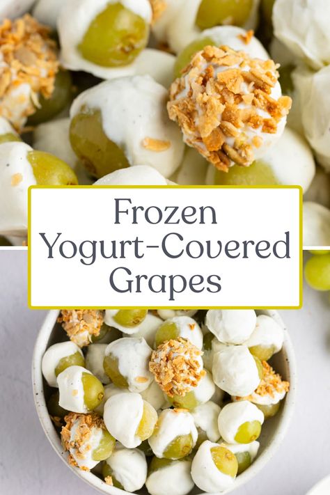 Frozen yogurt-covered grapes are an easy, healthy, and delicious way to satisfy an afternoon sweet tooth. With juicy, crisp green grapes and a coating of rich vanilla yogurt, these are a super tasty frozen snack that you and your kids will love. Top them with your favorite granola for a little extra crunch. I bet you can’t eat just one! Grape Recipes Healthy, Frozen Grapes Recipe, Green Grapes Recipes, Grape Snacks, Candied Grapes Recipe, Grape Dessert, Candied Grapes, 40 Aprons, Frozen Yogurt Bites