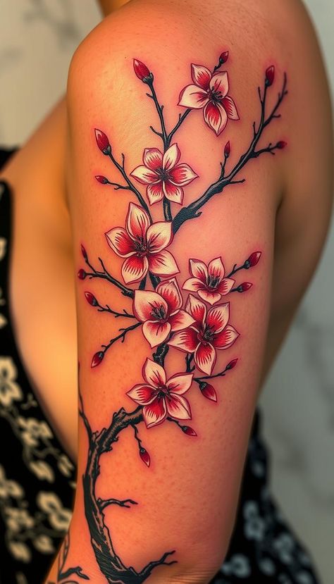 Explore Japanese cherry blossom tattoo ideas that symbolize the fleeting nature of life and beauty. Perfect for those who appreciate the delicate and meaningful symbolism. Women Flowers Tattoo, Japanese Wisteria Tree Tattoo, Japanese Tattoo Art Cherry Blossom, Dark Cherry Blossom Tattoo, Japanese Cherry Tree Tattoo, Tattoo Blossom Cherry, Cherry Blossom Tattoo Arm For Women, Japanese Tattoo Ideas Female, Japanese Cherry Blossom Tattoo Men