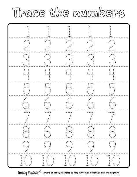 Trace Worksheet, Trace Numbers, Number Tracing Worksheets, Number Writing Practice, Tracing Numbers, Printable Alphabet Worksheets, Numbers Worksheet, 10 Number, Tracing Worksheets Preschool