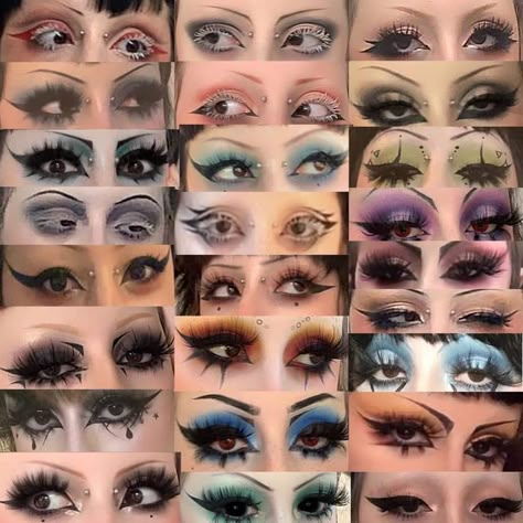 Eyeliner Lashes Make Up, Upward Wing Eyeliner, Edgy Lip Makeup, Cool Simple Makeup Looks, Eye Makeup Gothic, Punk Makeup Looks Eyes, Y2k Punk Makeup, Gothic Makeup Ideas Eyeliner, Alt Eyeliner Ideas