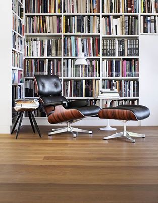 +  Eames chair Lounge Bookshelves, Eames Recliner, Charles Eames Lounge Chair, Bookshelves Ideas, Library Lounge, Home Library Design, Mid Century Modern Interiors, Eames Chairs, Lounge Chair Design