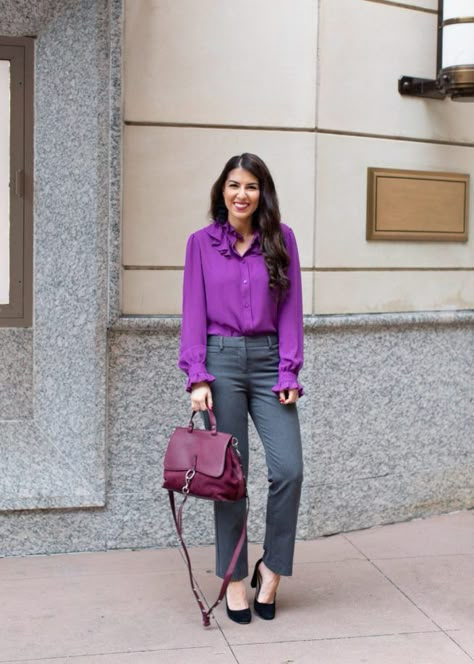 Spring Work Outfits 2022, Outfit With Green Pants, Purple Blouse Outfit, Blouse And Dress Pants, Grey Dress Pants Outfit, Spring Work Outfits For Women, Purple Top Outfit, Blouse Outfit Work, Olive Pants Outfit