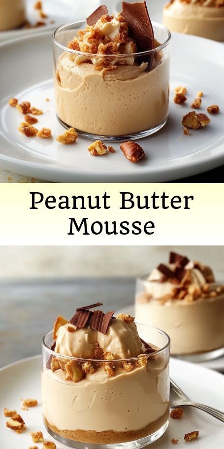 "Peanut Butter Mousse Delight Recipe - Easy, Creamy, and Indulgent!" Indulge in the creamy and rich flavor of this Peanut Butter Mousse Delight, a perfect blend of simplicity and decadence. With just five ingredients, this dessert is an easy-to-make treat that will satisfy your sweet tooth and impress your guests. #PeanutButterLovers #MousseMagic #EasyDesserts #SweetToothSatisfier #NoBakeDelight #WhippedCreamDream #FluffyGoodness #DessertIdeas #SimpleJoy" Peanut Butter Mousse Brownie Cups, Peanut Butter And Cool Whip Desserts, Butterscotch Mousse Recipe, Peanut Butter Mouse Cake, Peanut Butter Appetizer Recipes, Easy Peanut Butter Mousse, How To Make Mousse Recipes, Peanut Butter Mousse Recipes, Chocolate Peanut Butter Mousse Pie