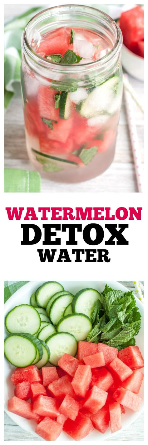 Stay hydrated with the watermelon detox water. Filled with watermelon, cucumber and mint. A refreshing sugar free drink. Watermelon Detox Water, Healthy Detox Cleanse, Sugar Free Drinks, Infused Water Recipes, Resep Diet, Detox Water Recipes, Healthy Detox, Sugar Detox, Water Recipes