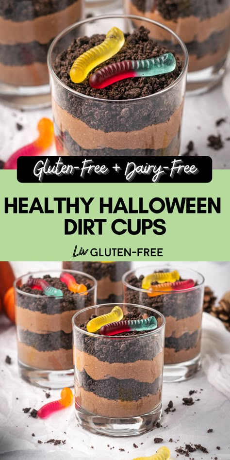 Pumpkin Scones Healthy, Dairy Free Halloween Treats, Coconut Milk Mousse, Halloween Dirt Cups, Dairy Free Halloween, Healthy Halloween Desserts, Dirt And Worms, Halloween Dirt, Milk Mousse