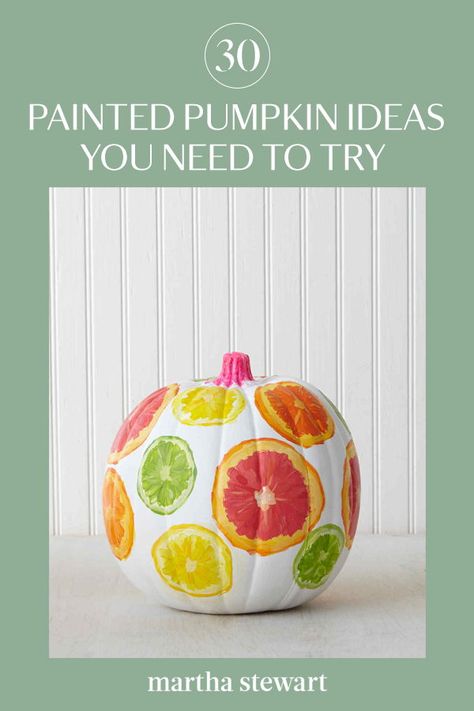 Polka dots, chalk lettering, geometric stencils, and familiar characters—there are 30 ways to decorate a pumpkin, and all you need is some paint to get started. Be inspired by handmade designs from the crafty minds at Martha Stewart Living. #marthastewart #diyideas #crafts #pumpkinpainting #pumpkins 30 Days Of Halloween, Pumpkin Inspiration, No Carve Pumpkin Decorating, Geometric Stencil, Painted Pumpkin, Chalk Lettering, Martha Stewart Crafts, Pumpkin Halloween Decorations, Pumpkin Ideas