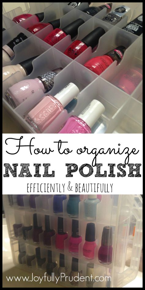 How to organize nail polish. Organized nail polishes in a neat plastic container that's visible and easy to access. Joyfully Prudent Blog Nail Polish Organization Ideas, Nail Storage Ideas, Organize Nail Polish, Nail Supplies Organization, Nail Polish Organization, Nail Polish Dry Faster, Nail Organization, Polish Organization, Nail Polish Holder