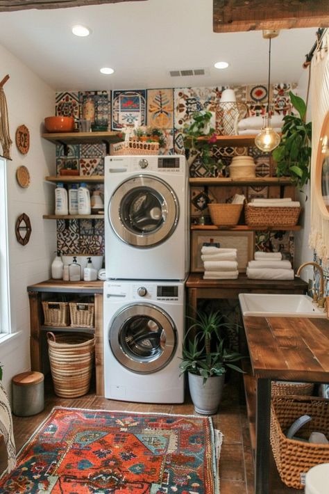 29 Stacked Laundry Room Ideas for Maximizing Your Space and Efficiency 15 Vintage Eclectic Laundry Room, Colourful Rustic Decor, Boho Whimsical Decor, Tiny Home Laundry Room, Boho House Outside, Whimsigoth Laundry Room, Bohemian Laundry Room Ideas, Laundry Room Maximalist, Eclectic Home Aesthetic