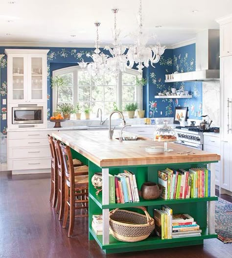 BH&G green island Island Colors, Green Kitchen Island, Colorful Kitchens, Farmhouse Kitchen Cabinets, Cabinets And Countertops, Kitchen Trends, Kitchen Accents, Painting Kitchen Cabinets, Kitchen Paint